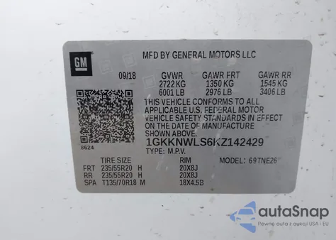2019 GMC Acadia Slt-2 z USA, uszkodzony, nr VIN 1GKKNWLS6KZ142429